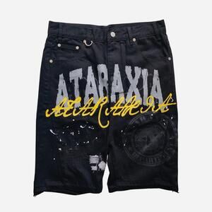Black cotton cargo shorts with yellow & white 'ATRAXIA' text graphic and circula